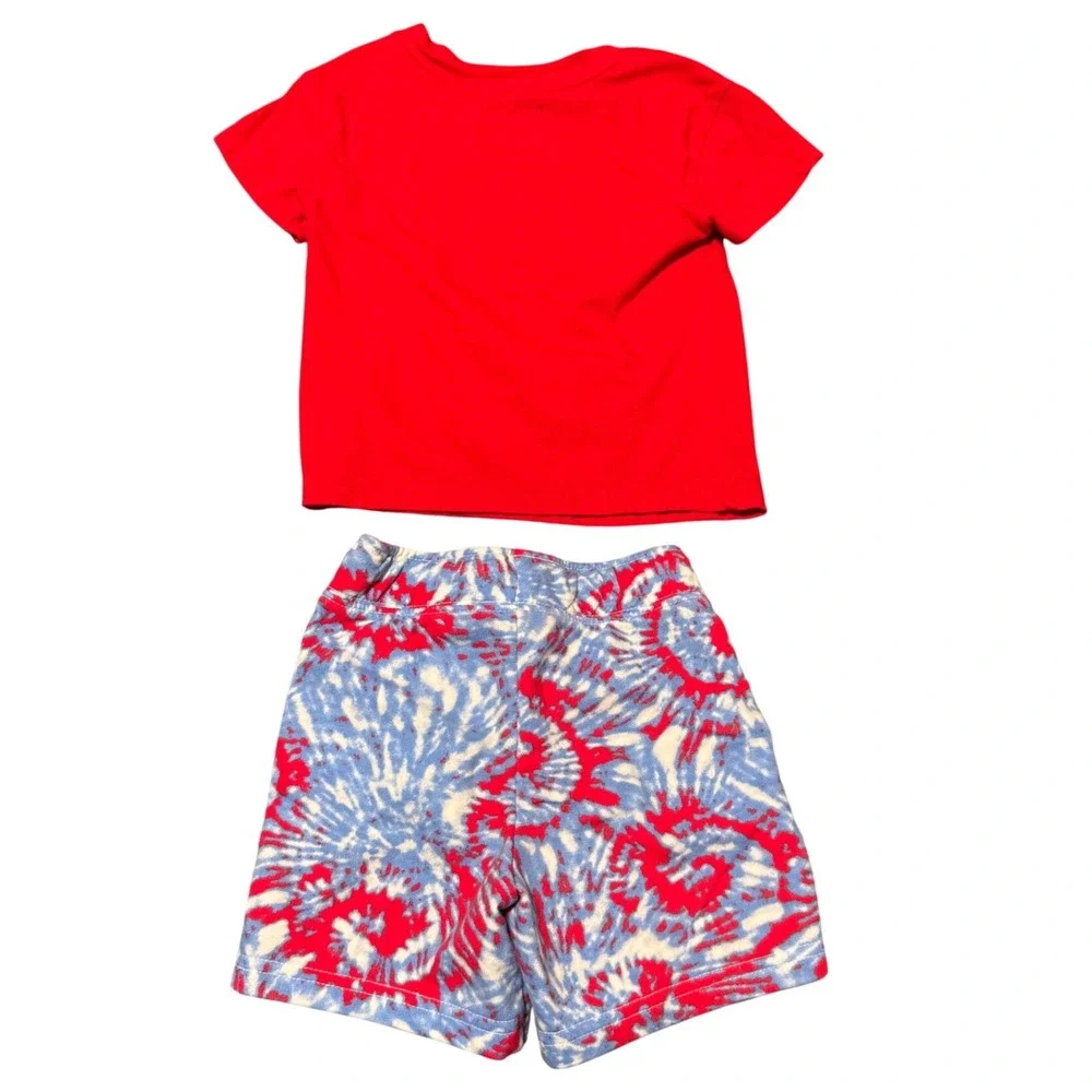 Cat & Jack Toddler Boys 2T Red Dinosaur Shirt and Tie Dye Shorts Set 2pc